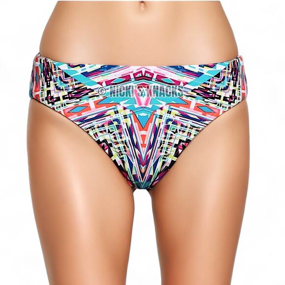 Kenneth Cole Bikini Bottom Tribal Print Shirred Hipster Sash Tab Swimwear Size M - Picture 2 of 11